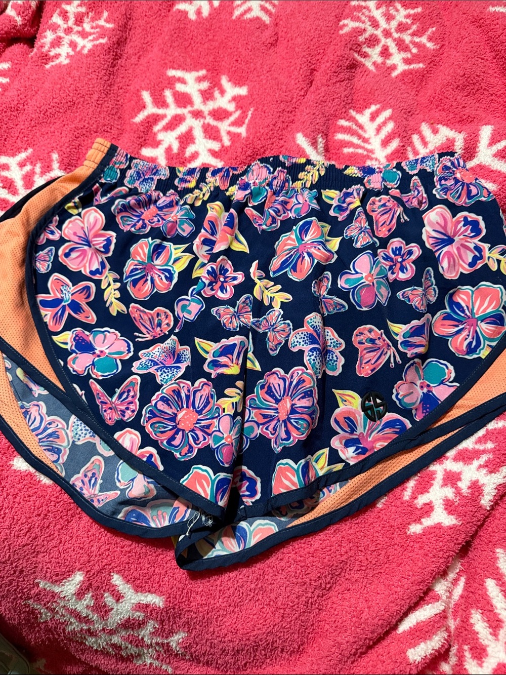 Simply Southern Navy Floral Athletic Shorts with Pink and Orange Accents
